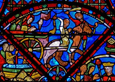 نافذة W15 تصور قصة آثار St Stephens: نقل الآثار عن طريق الحصان والعربة بواسطة المدرسة الفرنسية