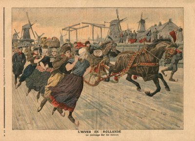 فصل الشتاء في هولندا ، التزحلق على الجليد على القناة ، رسم توضيحي من "Le Petit Journal" ، ملحق illustre ، 13 يناير 1907 (لون ليثو) بواسطة المدرسة الفرنسية