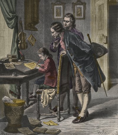 فولفغانغ أماديوس موزارت يكتب كونشيرتو في حضور والده ليوبولد ، رسم توضيحي من "La Musique Populaire" بواسطة المدرسة الفرنسية