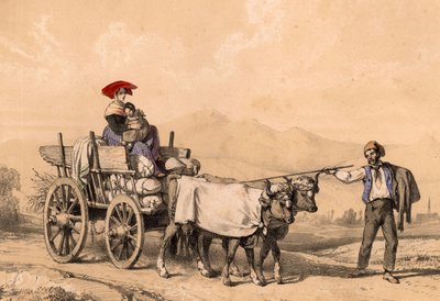 امرأة وطفل يرتدون الزي التقليدي يركبون عربة مليئة بالأكياس ، حوالي 1840 بواسطة المدرسة الفرنسية