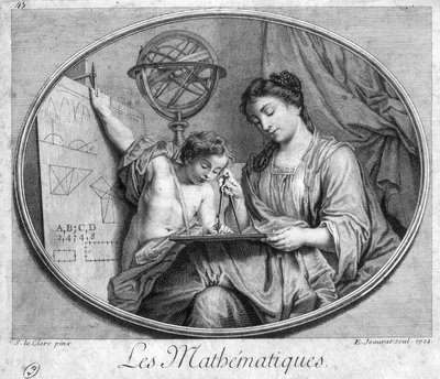 Woman and child with compas and figures (allegory of mathematics) - engraving بواسطة المدرسة الفرنسية