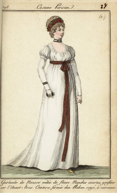 امرأة في أزياء عام 1798 بشعر قصير تحت إكليل (نقش على لوح نحاسي ملون يدويًا) بواسطة المدرسة الفرنسية