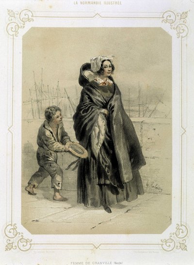 Woman of Granville and young beggar -in “” Illustrated Normandy”” lithography بواسطة المدرسة الفرنسية