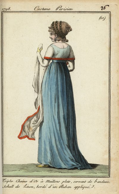 Woman with seethrough shawl in the fashion of 1798 (handcoloured copperplate engraving) بواسطة المدرسة الفرنسية