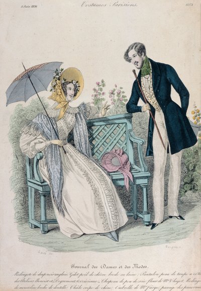امرأة مع مظلة ورجل في معطف عباءة في حديقة ، لوحة أزياء من Journal des Dames et des Modes ، 5 يونيو 1836 بواسطة المدرسة الفرنسية
