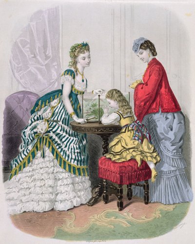 امرأة وطفل ينظران إلى حوض مائي ، من La Mode Illustrée ، ص 1870 بواسطة المدرسة الفرنسية