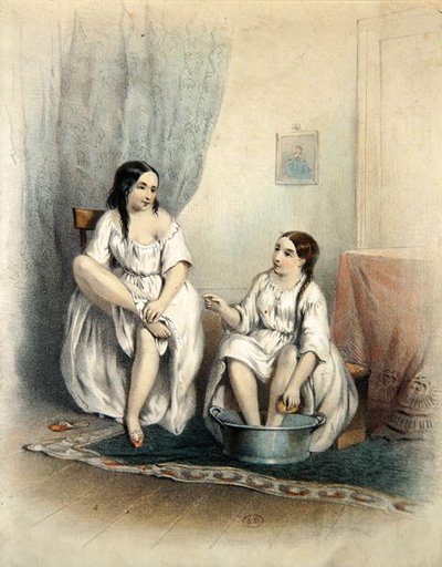 النساء في المرحاض (نقش ملون) بواسطة المدرسة الفرنسية