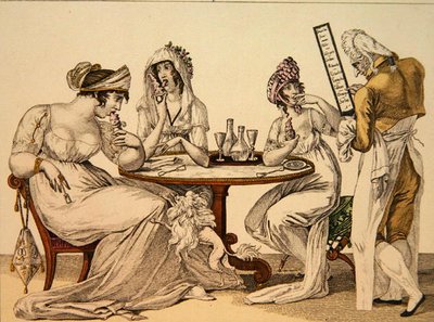 نساء في صالة آيس كريم ، اللوحة 4 من 'Le Bon Genre' ، حوالي 1810 (نقش ملون) بواسطة المدرسة الفرنسية