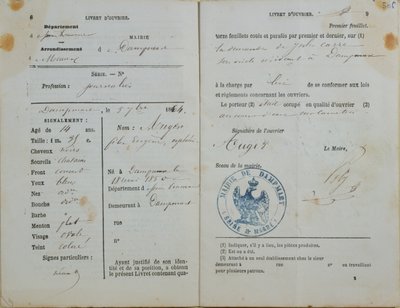 كتيب العمال الصادر عن Mairie من Dampmart إلى Felix Auger (مواليد 1850) ، 1864 بواسطة المدرسة الفرنسية