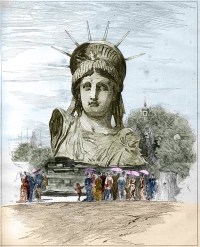 المعرض العالمي 1878 في باريس: رأس تمثال الحرية لفريدريك أوغست بارتولدي (1834-1904). نقش إدجارد مورين في "" العالم المصور "" رقم 1111 بتاريخ 13 يوليو 1878. بواسطة المدرسة الفرنسية