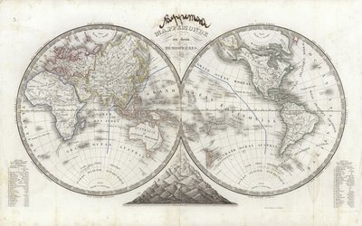 خريطة العالم في نصفين (نقش الألوان) بواسطة المدرسة الفرنسية