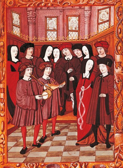 Young couple listening to musicians, image from a French manuscript بواسطة المدرسة الفرنسية