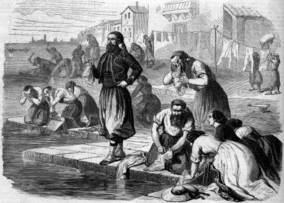 الزواف من الجيش الفرنسي يقومون بغسيل ملابسهم. إيطاليا ، Risorgimento de 1859. نقش في "" Le Monde Illustré "رقم 122 بتاريخ 13 أغسطس 1859. بواسطة المدرسة الفرنسية