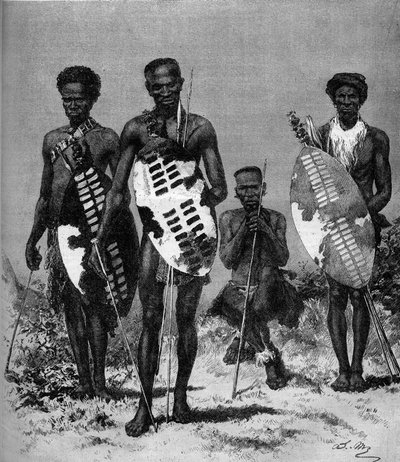 محاربو الزولو. نقش في "" العالم المصور "رقم 1146 بتاريخ 15 مارس 1879. بواسطة المدرسة الفرنسية