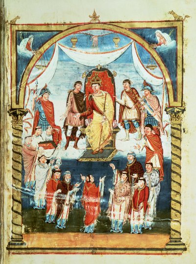 ds Lat 1 fol.423r الملك تشارلز الثاني يتلقى كتابًا مقدسًا من الكونت فيفيان ورهبان سانت مارتن دي تورز ، من الكتاب المقدس الأول لتشارلز الأصلع ، c.843-51 بواسطة المدرسة الفرنسية