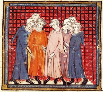 ص .١٥٥ و نوبل يتآمر ضد الملك لويس التقي ، من Grand Chroniques de France ، 1375-79 بواسطة المدرسة الفرنسية