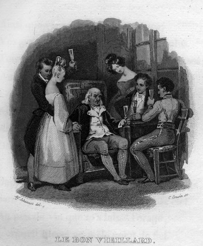 الرجل العجوز الطيب Chanson de Beranger في "" Oeuvres Completees "(1834) من تأليف Pierre Jean de Beranger (1780-1857) ، الشاعر وكاتب الأغاني الفرنسي. بواسطة المدرسة الفرنسية
