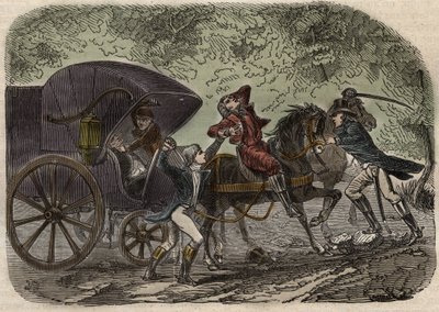 قضية بريد ليون - Affaire du mail de Lyon - تعرض صندوق البريد للهجوم في Seine et Marne من قبل 5 أفراد في 28 أبريل 1796 - نقش في "" الأسباب الشهيرة لجميع الشعوب "بقلم أرماند فوكيه (1817-18؟) 1858 -1867 - مجموعة خاصة بواسطة المدرسة الفرنسية
