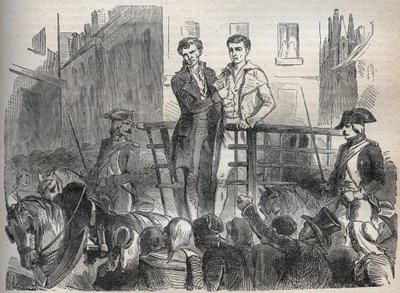 قضية بريد ليون - Affaire du mail de Lyon: ذهب جوزيف ليسورك وكوريول إلى المقصلة في 3 أكتوبر 1796 - نقش في "Causes celebres de tous les people" بقلم Armand Fouquier (1817-18؟) 1858-1867 - مجموعة خاصة بواسطة المدرسة الفرنسية