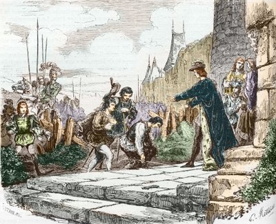 يطلب الدلفين لويس (ثم لويس الحادي عشر) والدوق يوحنا الثاني من آلنكون والدوق تشارلز الأول من بوربون الصفح للملك تشارلز السابع بواسطة المدرسة الفرنسية