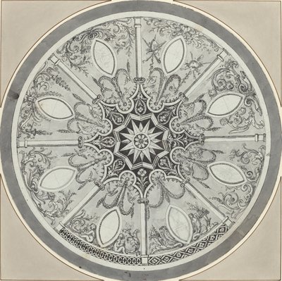 تصميم لسطح طاولة دائري مرصع ، مع بدائل بواسطة القرن الثامن عشر الفرنسي أو الإيطالي
