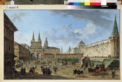 موسكو ، منظر لبوابة القيامة في الميدان الأحمر. لوحة لفيودور ياكوفليفيتش أليكسيف (1753-1824). ألوان مائية وغواش على ورق ، 58.2 × 91.2 سم ، حوالي 1801. الفن الروسي ، الكلاسيكية. متحف بواسطة فيودور ياكوفليفيتش أليكسيف