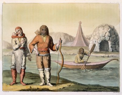 Eskimos at Hudson Bay ، من "Le Costume Ancien et Moderne" ، المجلد الأول ، اللوحة 23 ، بقلم جولز فيراريو ، محفور بواسطة Angelo Biasioli (1790-1830) ، نشر c.1820s-30s (نقش الألوان) بواسطة G. براماتي