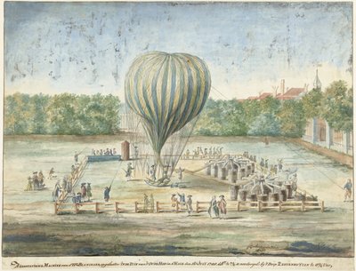 إطلاق بالون بلانشارد في لاهاي عام 1785 بواسطة كاربنتوس (توقيع الفنان)