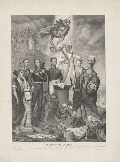 رمزية العهد بين الأمير والشعب ، 1832 Eendragt يجعل Magt / Symbolized كتذكير بـ Eendracht المجيد والسخي بين Vorst و Volk لغرض الحفاظ على Neêrlandsch Rechten والدفاع عنها (العنوان o بواسطة يوهان بابتيست هوتزر