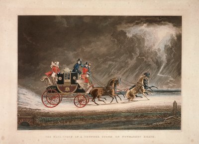 مدرب البريد في عاصفة رعدية في نيوماركت هيث ، سوفولك ، 1827. بواسطة جي ريفز