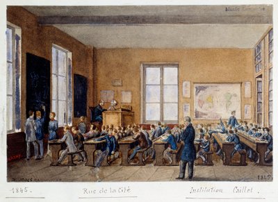 فصل دراسي في معهد Caillet ، شارع de la Cite ، باريس ، 1845. Watercolor بقلم G. Remy بواسطة ريمي