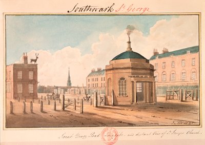 "Great Dover Road Turnpike والمنظر البعيد لكنيسة سانت جورج" ، ساوثوارك ، لندن ، 1825 بواسطة جي ييتس
