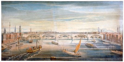 منظر لجسر لندن الجديد من الغرب ، مع القوارب والصنادل على نهر التايمز ، 1831. بواسطة جي ييتس