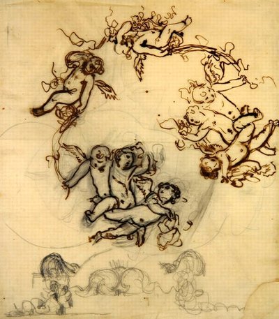Putti ، دراسة لتزيين السقف في غرفة الطعام في Palais D'Orsay ، حوالي 1900 (قلم وحبر على ورق) بواسطة غابرييل جوزيف ماري أوجوستين فيرير