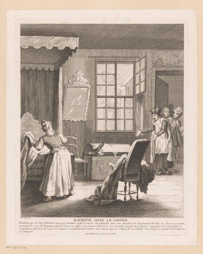 التقى Slaapkamerinterieur مع Ragotin في een kist ثرثرة في الجذع (العنوان على الشيء) مشاهد من رومان كوميك فان سكارون (عنوان المسلسل) بواسطة جان بابتيست أودري