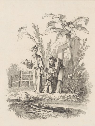 امرأتان تقودان طفلاً نحو إبريق شاي على طاولة بالقرب من بركة ، كاليفورنيا. 1742. بواسطة غابرييل هوكير