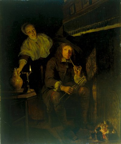 الألمانية: Der Raucher am Kamin The Smoker at the Fireide بواسطة غابرييل ميتسو