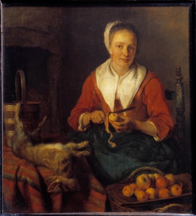 قشر التفاح. امرأة تقشر التفاح لتطبخ مع أرنب. رسم غابرييل ميتسو (1629-1667) Ec. هول. بواسطة غابرييل ميتسو