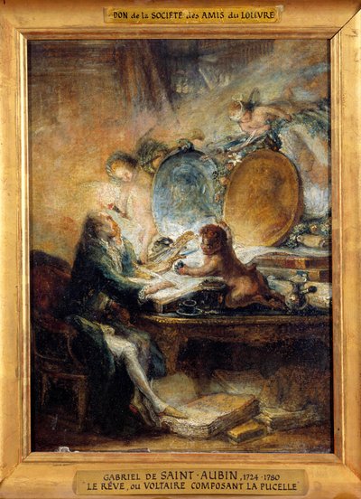لو ريف أو فولتير (1694-1778) يؤلف الخادمة "" لوحة رسمها غابرييل جاك دي سانت أوبين (1724-1780) صن. 0.32x0.24 م بواسطة غابرييل دي سانت أوبين