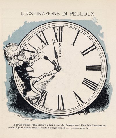 رسم كاريكاتيري لرئيس مجلس الوزراء الإيطالي لويجي بيلو (1839-1924) الذي سعى بكل الوسائل لإبقاء الساعة تدق ساعة التحرير العام في عام 1898. كانت حكومته عسكرية ومحافظة للغاية. لوحة صغيرة لغابرييل غالانتار بواسطة غابرييل (1865-1937) جالانتارا