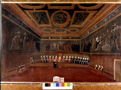 مجلس العشرة في قصر Doges في القرن الثامن عشر - Sala Del Consilgio di Dieci 1725 - غرفة مجلس العشرة ، قصر Doges ، البندقية (18) بواسطة Gabriele Bella (1730 - 1799) - The Doge and the Council of عشرة. متحف كورير. مدينة البندقية بواسطة غابرييل بيلا