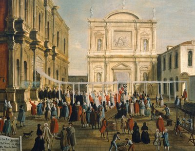 دوج واللوردات في كنيسة سان روكو في اليوم المقدس ، بقلم غابرييل بيلا (1730-1799) زيت على قماش ، 92.5 × 145.5 سم ، التفاصيل بواسطة غابرييل بيلا