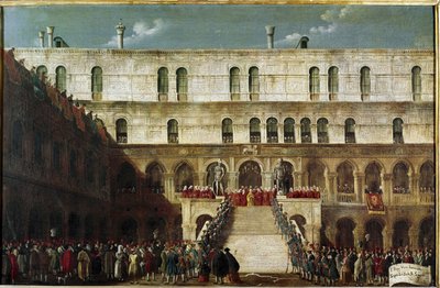 استقراء الدوج إلى درج جيانت (تتويج الدوج على Scala dei Giganti في البندقية) - رسم غابرييل بيلا (كاليفورنيا. البندقية ، مؤسسة Querini Stampalia بواسطة غابرييل بيلا