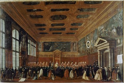 استقبال السفراء في Collegio (البندقية ، استقبال سفير في Collegio) - رسم غابرييل بيلا (حوالي 1730-1799) ، زيت على قماش ، 99x150 سم. البندقية ، مؤسسة Querini Stampalia بواسطة غابرييل بيلا