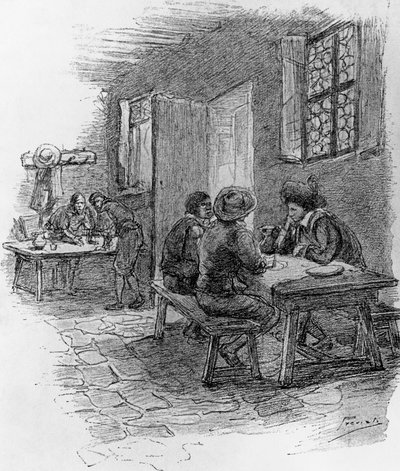 رينزو ، تونيو ، وجيرفاسي في النزل ، الفصل السابع ، رسم توضيحي لغايتانو بريفياتي (1852-1920) للرواية التاريخية المخطوبة لأليساندرو مانزوني (1785-1873) بواسطة غايتانو بريفياتي