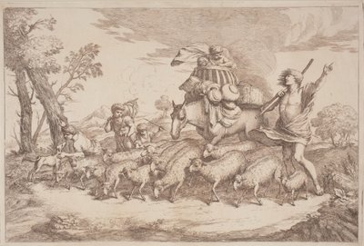 رحلة رعوية مع طفل في سلة على ظهور الخيل بواسطة Gaetano Zompini ، بعد Giovanni Benedetto Castiglione