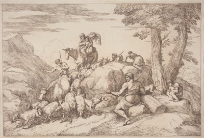رحلة رعوية مع أم وطفل على Horesback وراعي مسن جالس بواسطة Gaetano Zompini ، بعد Giovanni Benedetto Castiglione