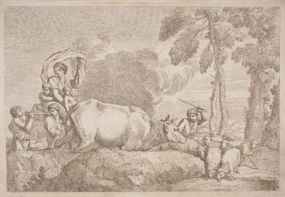 امرأة مع طفلين على ظهور الخيل بواسطة Gaetano Zompini ، بعد Giovanni Benedetto Castiglione