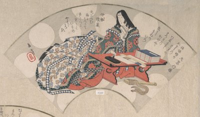 سيدة البلاط على طاولة الكتابة الخاصة بها من مجموعة مطر الربيع Harusame shu، vol. ... ، كاليفورنيا. 1820s. بواسطة Gakutei
