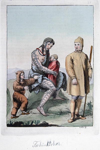زوجان من Chukchi مع أطفالهما ، رسم توضيحي من 'Le Costume Ancien ou Moderne' ، بقلم Jules Ferrario ، نُشر في ميلانو حوالي 1820s-30s (نقش ملون) بواسطة جالو غالينا